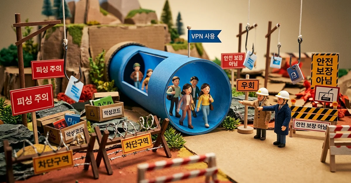 우회와 VPN 사용이 모든 위험을 막아주지 않는다는 점을 보여주는 미니어처 디오라마 이미지