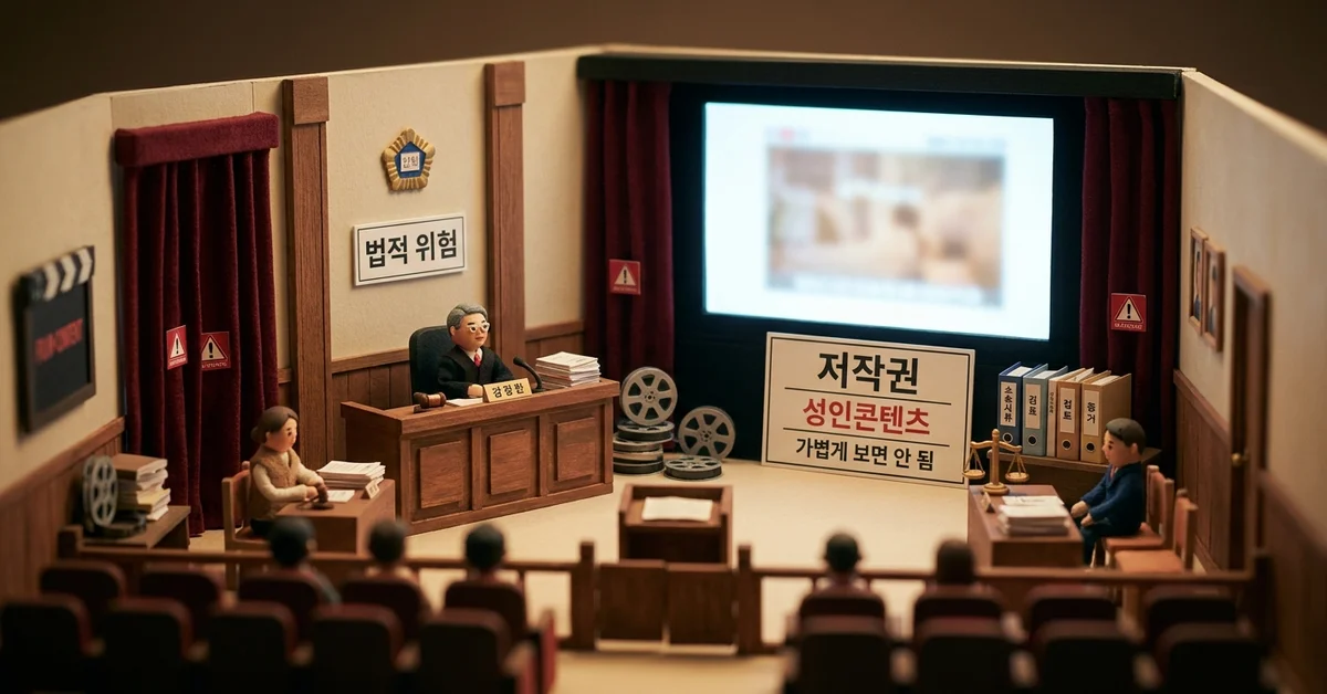 저작권과 성인콘텐츠 관련 법적 위험을 경고하는 미니어처 법정 스타일 디오라마 사진