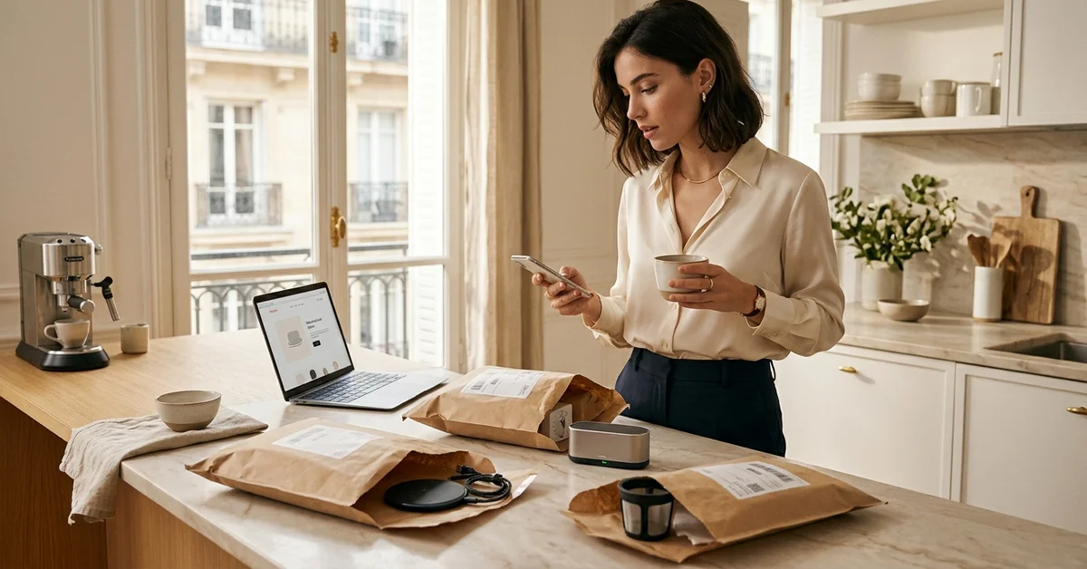 Acheteuse française avec café, ordinateur portable et colis ouverts découvrant des accessoires utiles dans une ambiance éditoriale chaleureuse