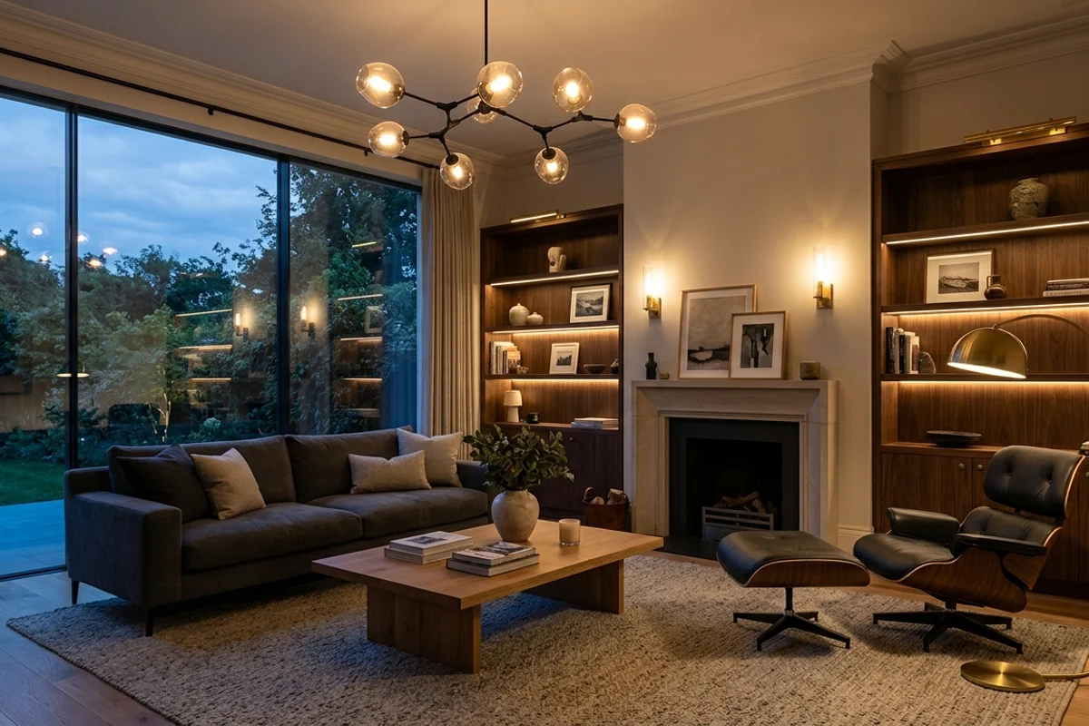 סלון מודרני עם תאורה שכבתית מלאה, גוף תקרה פיסולי, מנורות קיר ומנורת רצפה באווירת ערב