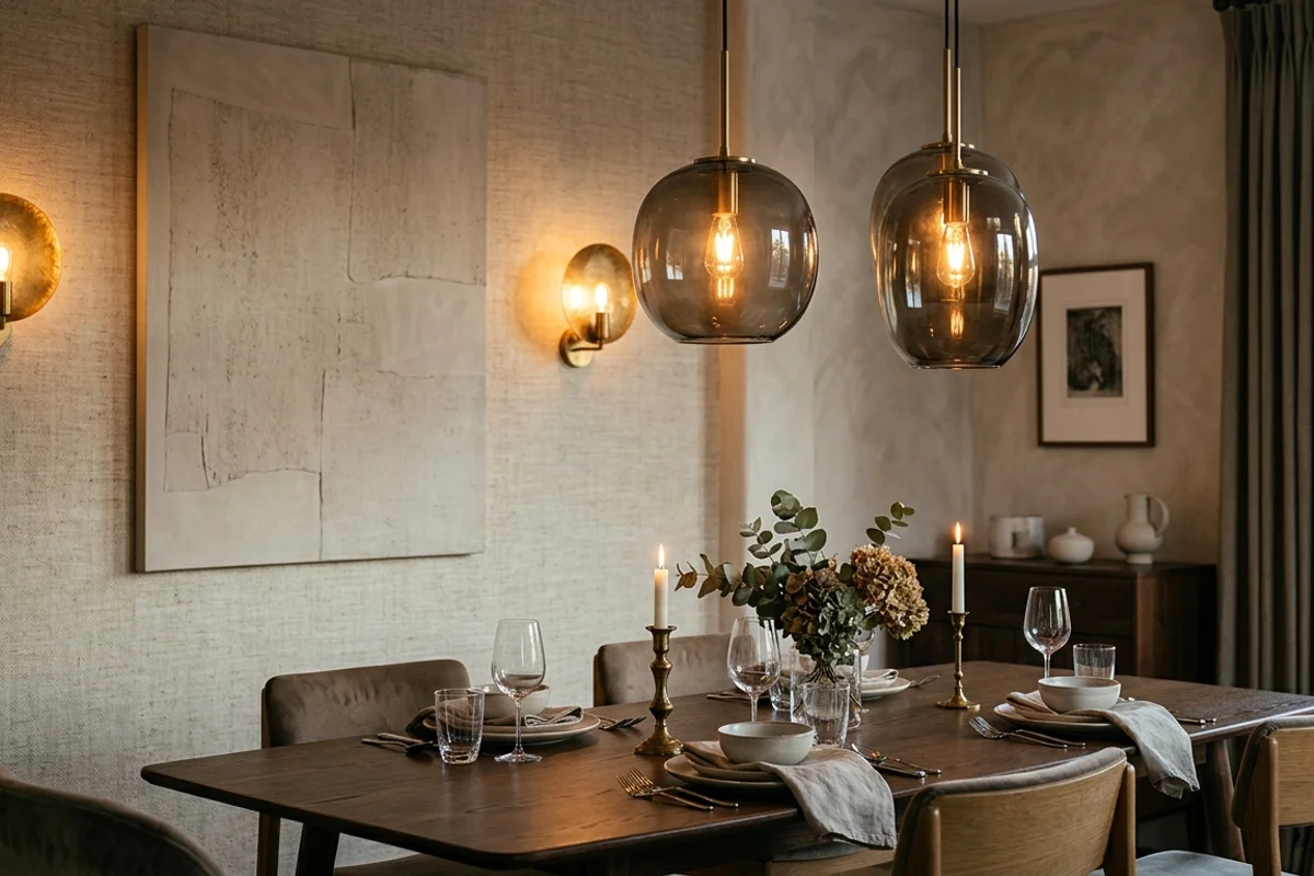 פינת אוכל עם מנורות תלייה מעוצבות ותאורת קיר המדגימה היררכיה ויזואלית בחלל פנימי