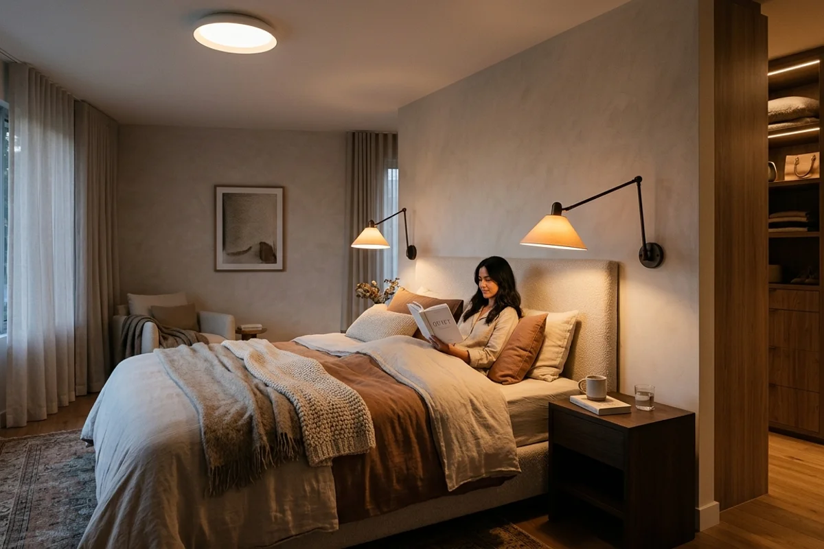 חדר שינה רגוע עם תאורה רכה סביב המיטה ותאורה כללית עדינה