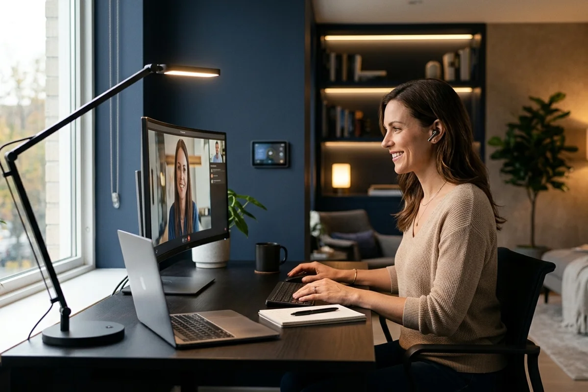 חדר עבודה ביתי עם מנורת שולחן מדויקת ותאורת רקע נעימה לשיחות וידאו