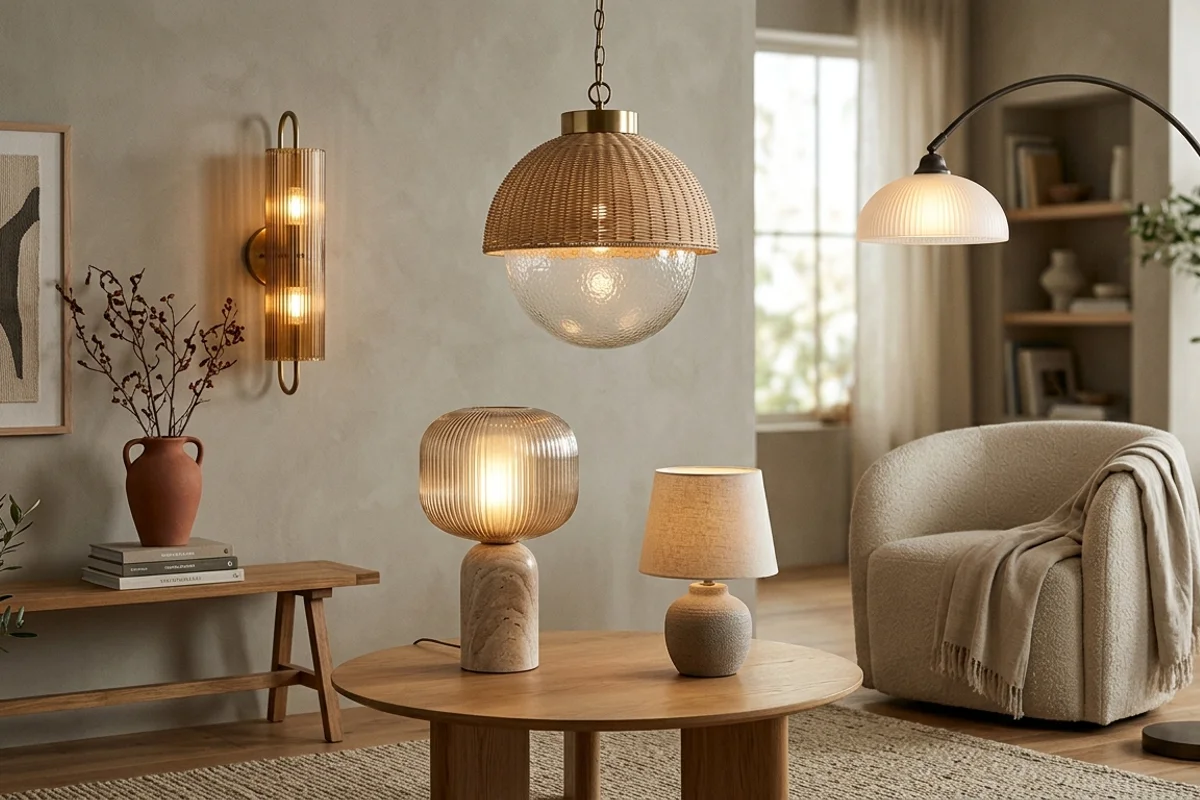 קומפוזיציה עריכתית של גופי תאורה פנימיים בגימורים וחומרים מובילים לשנים 2026 ו-2027