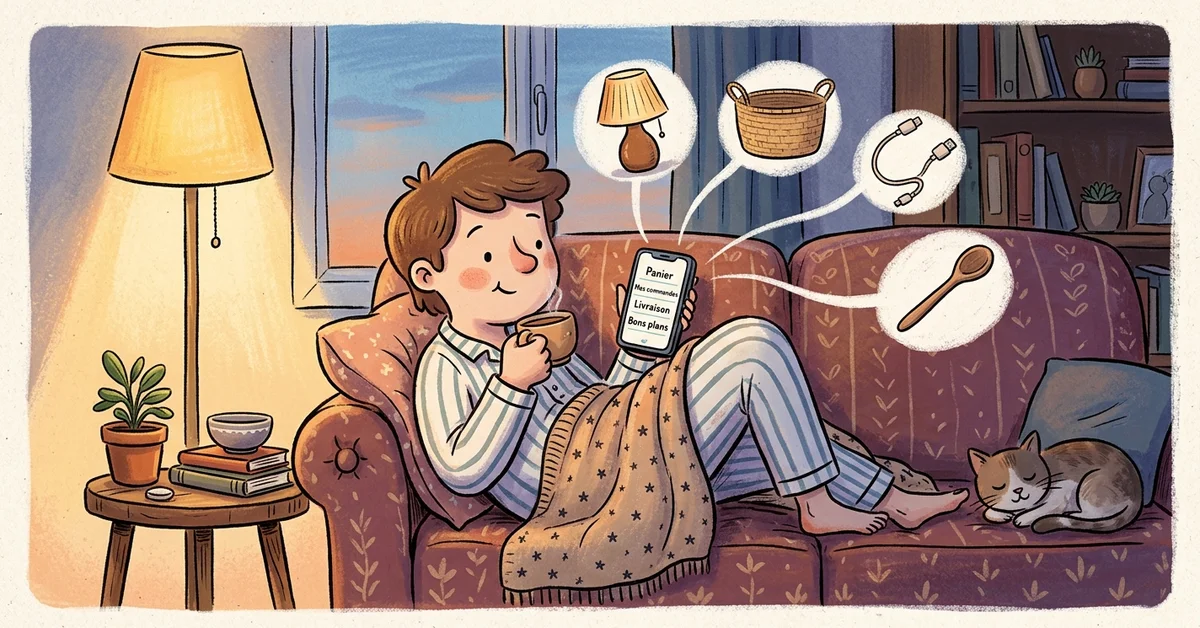 Illustration chaleureuse d’une personne sur un canapé utilisant l’application AliExpress en français, avec panier, commandes et petits produits utiles autour d’elle.