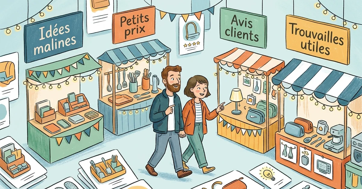 Illustration d’une place de marché imaginaire en style album jeunesse avec acheteurs découvrant des trouvailles utiles, petits prix et avis clients sur AliExpress.