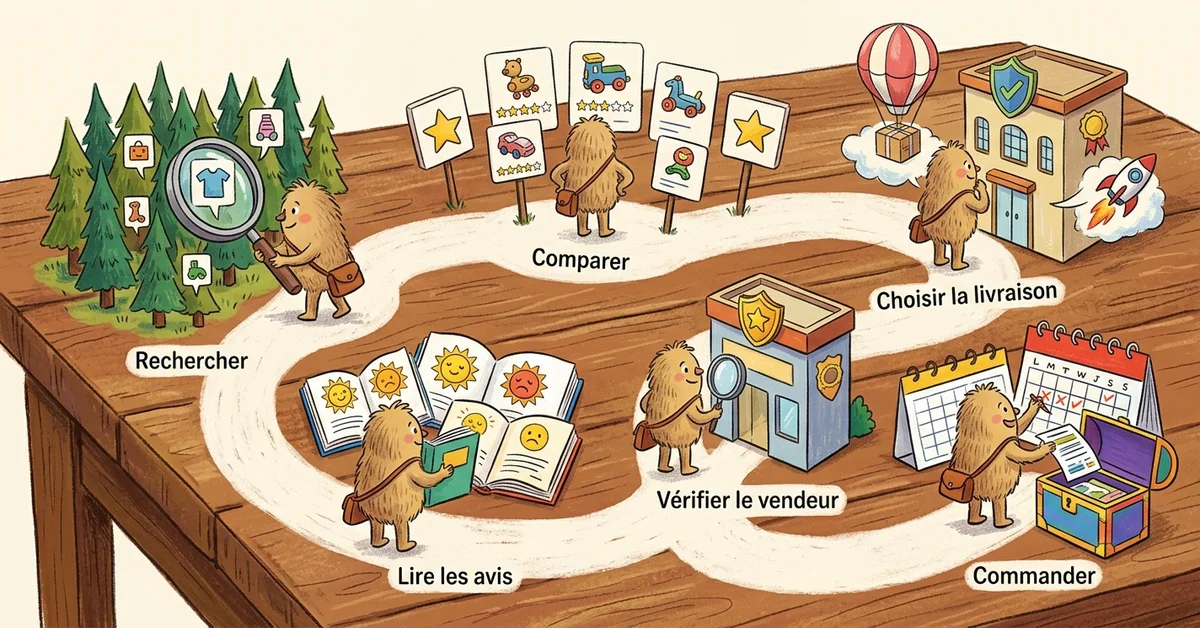 Illustration pédagogique montrant les étapes pour commander sur AliExpress sans se perdre, de la recherche du produit jusqu’à la validation de la commande.