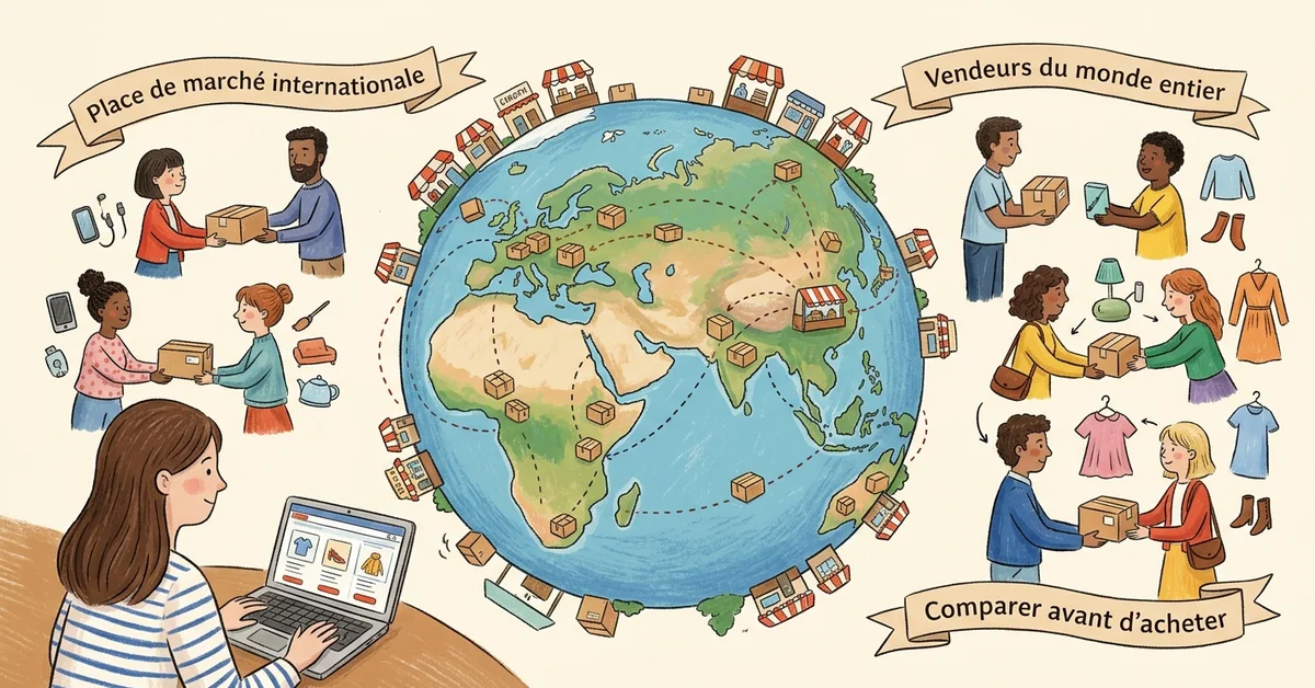 Illustration panoramique d’une place de marché internationale avec globe, vendeurs du monde entier, colis et acheteur français comparant des produits sur AliExpress.