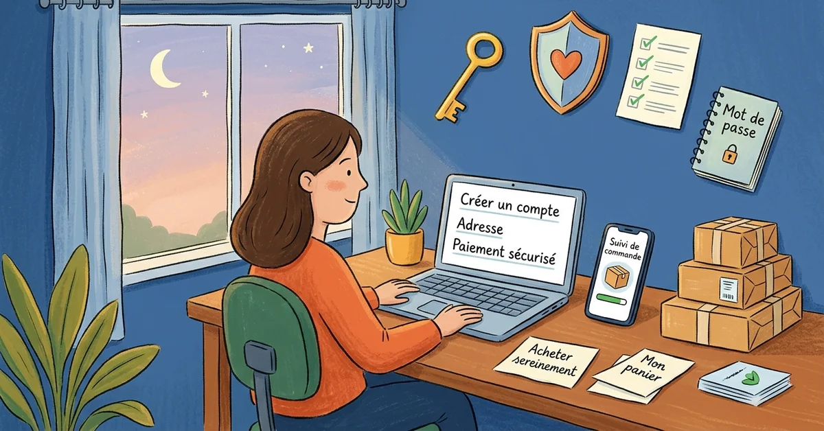 Illustration rassurante d’une création de compte AliExpress avec paiement sécurisé, suivi de commande et ambiance calme pour acheter plus sereinement.