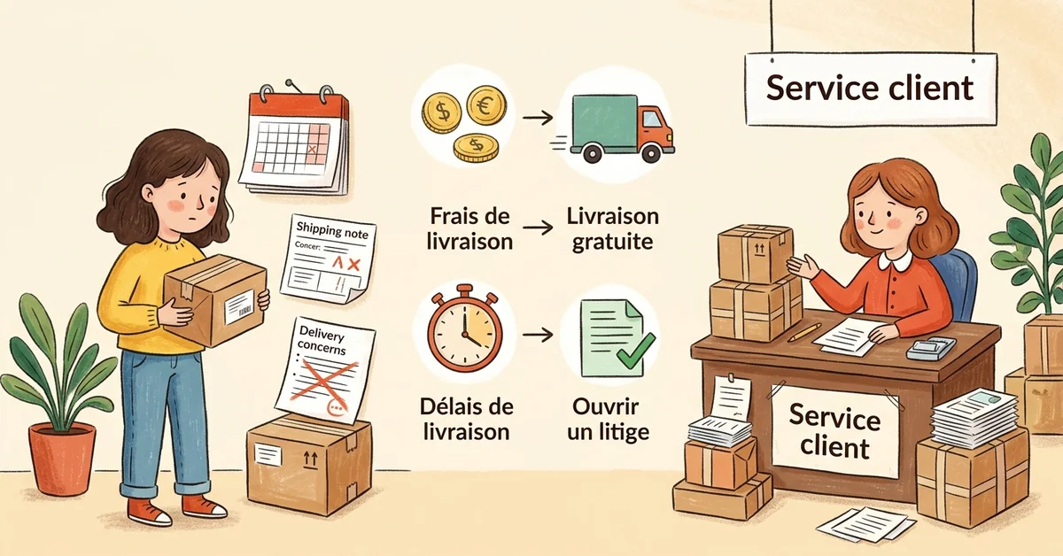 Illustration du service client AliExpress avec colis, frais de livraison, livraison gratuite, délais de livraison et aide en cas de litige.